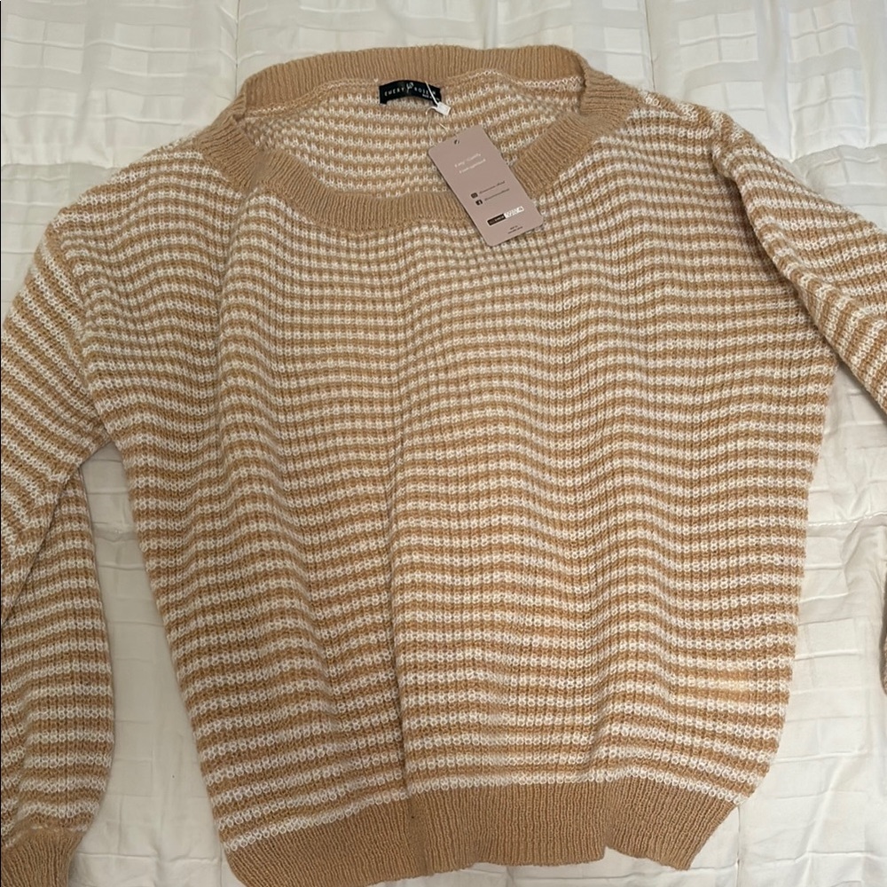 Tan and White Crew Neck Sweater with Horizontal Stripes